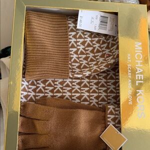Michael Kors Brown and White Hat, Scarf, and Glove Set